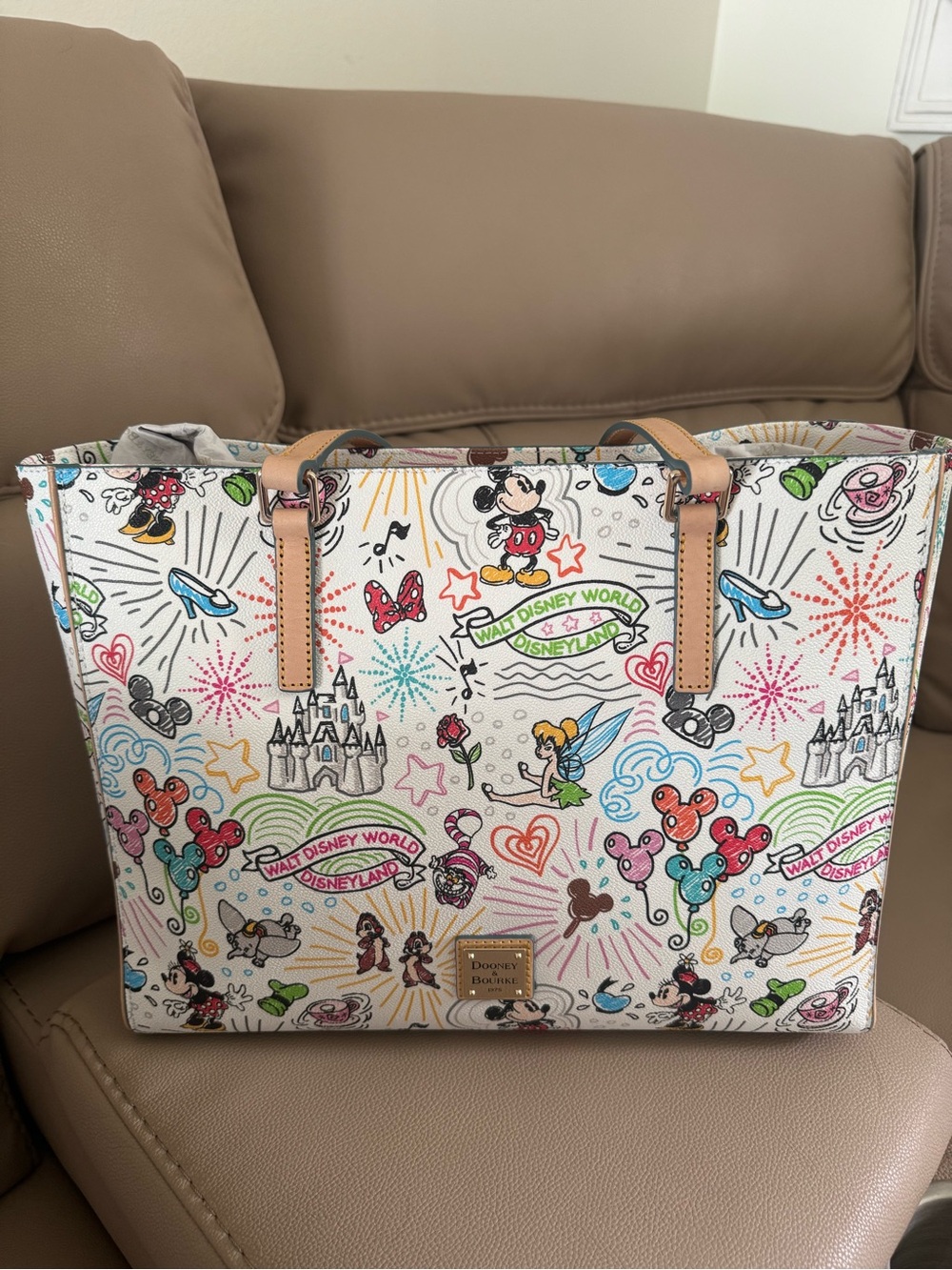 Dooney & Bourke Multicolor Disney Sketch Tote with Tan Leather Handles
